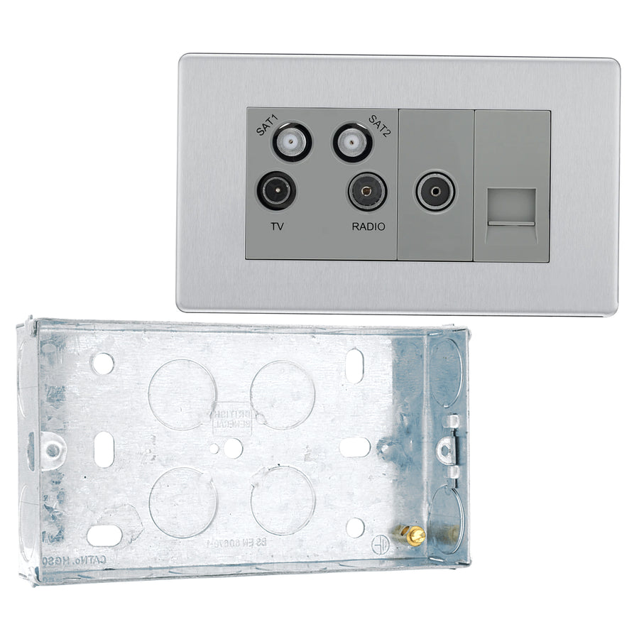 BG Screwless Brushed Steel Quadplex TV FM SAT (x2) FBS69 with 25mm Steel Back Box