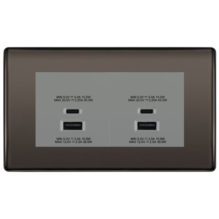 BG Black Nickel 4G Faceplate with 45W USB A+C Charger Modules - Grey Insert