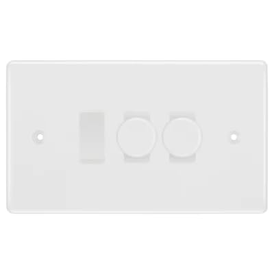 BG Nexus White Moulded 3 Gang Switch 2x Trailing Edge LED Dimmer 1x Intermediate Custom Grid Switch