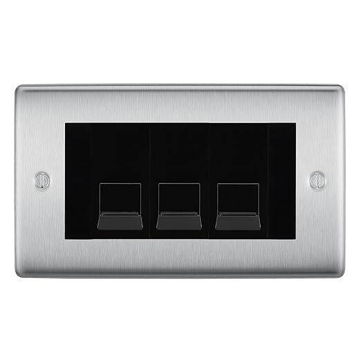 BG Nexus Brushed Steel 3 Gang RJ11 Telephone Socket Euro Module - Black Insert