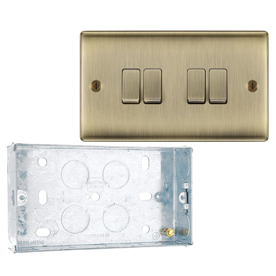 BG Nexus Metal Antique Brass 20A 16AX 2 Way Quadruple Light Switch NAB44 with 25mm Steel Back Box