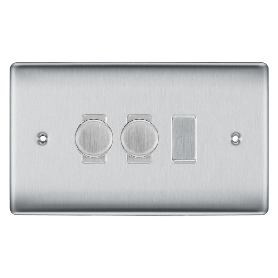 BG Brushed Steel 3 Gang Light Switch 2x Trailing Edge LED Dimmer 1x 2 Way Custom Switch