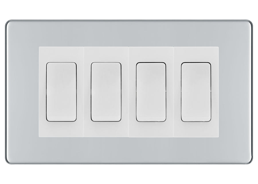 BG Electrical Screwless Polished Chrome 4-Gang Light Switch 2x 2-Way + 2x Intermediate – White Inserts