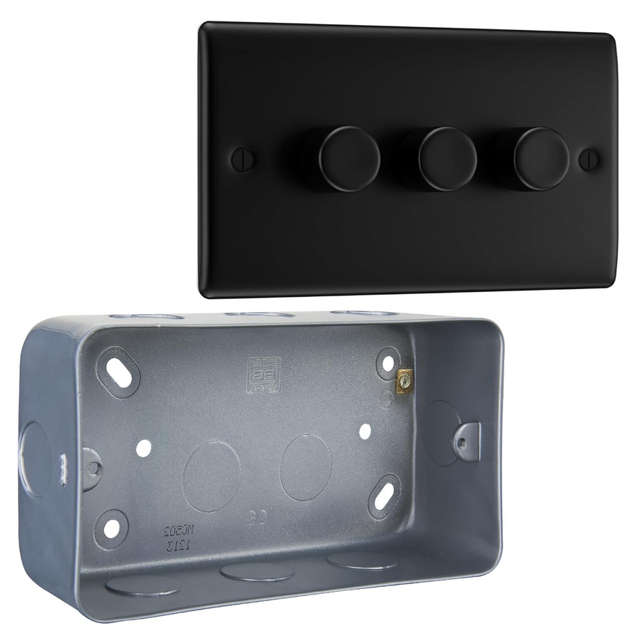 BG Nexus Metal Matt Black 3 Gang 200W 2 Way Push On-Off Intelligent LED Dimmer Switch NFB83