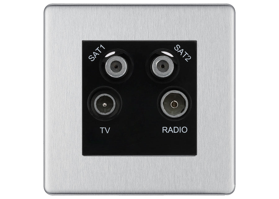 BG Screwless Brushed Steel TV/FM/2x SAT Quadplex Socket – Black Insert