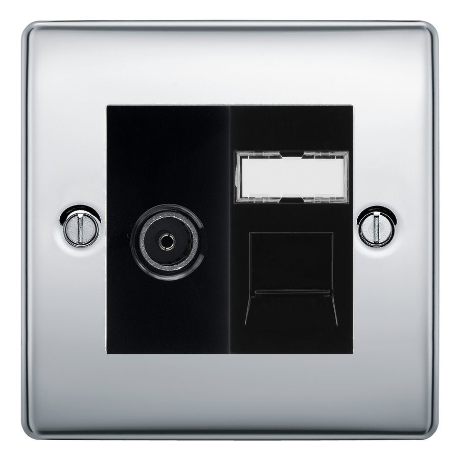 BG Nexus Polished Chrome TV Aerial & RJ45 CAT6 Data Socket - Black Insert