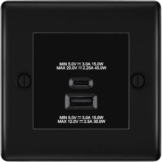 BG Nexus Matt Black 45W USB Wall Socket Euro Module USB-A & C - Black Insert