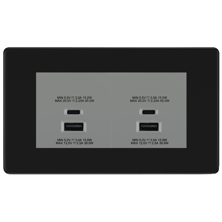 BG Screwless Matt Black 4G Faceplate with 45W USB A+C Charger Modules – Grey Insert