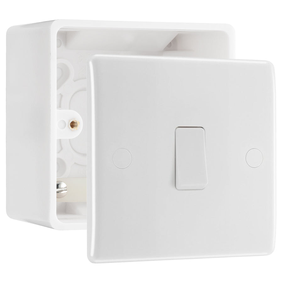 BG Nexus 1 Gang 20A 2 Pole Switch White & 50mm Pattress Back Box