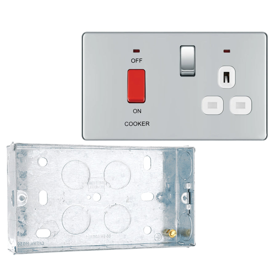BG Screwless Polished Chrome 45A DP Cooker Neon Socket Switch FPC70W with 25mm Steel Back Box