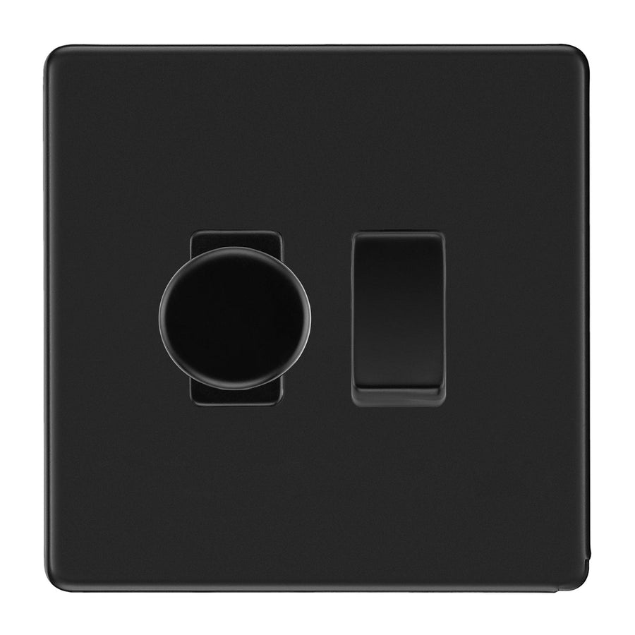 BG Screwless Flatplate Matt Black 2 Gang Grid Switch 1x Trailing Edge LED Dimmer 1x 2 Way