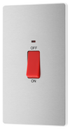 PCDBS72W Front - This Evolve Brushed Steel 45A double pole switch with indicator from British General is ideal for use with cookers and has a large mounting plate measuring 146mm high x 86mm wide. 