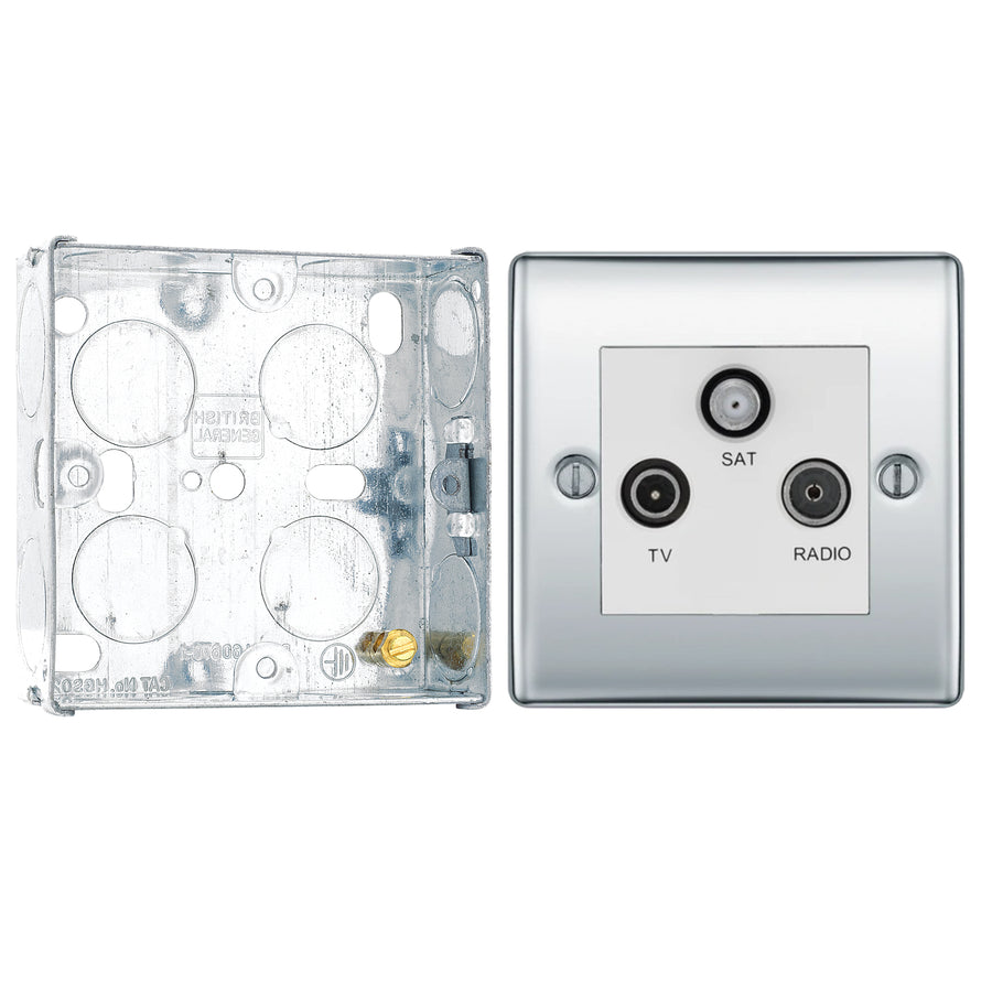 BG Nexus Polished Chrome Triplex TV/FM/Sat Socket NPC67 with 25mm Steel Back Box