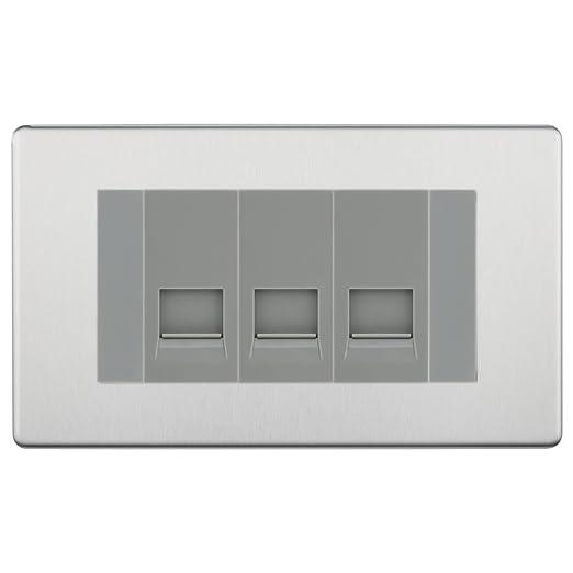 BG Screwless Brushed Steel 3 Gang RJ11 Telephone Socket Euro Module - Grey Insert