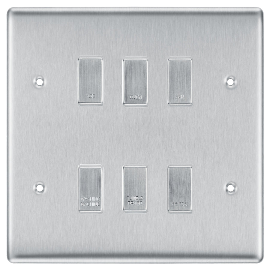 BG Brushed Steel 6 Gang Engraved Custom Labelled Appliance Grid Switch