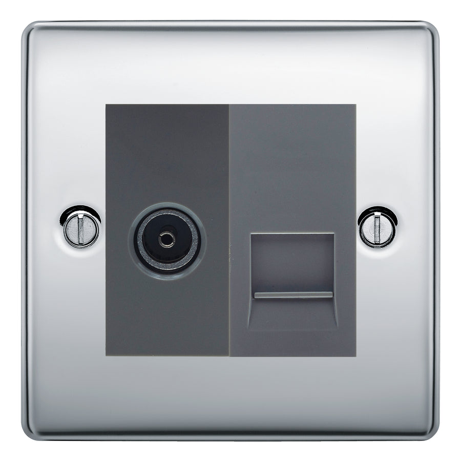 BG Nexus Polished Chrome TV Aerial & BT Telephone Outlet Plate — Screened + IDC - Grey