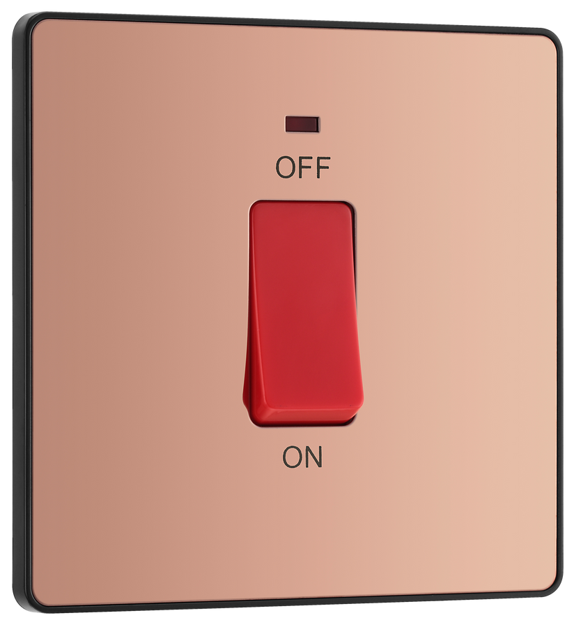 PCDCP74B Front - This Evolve Polished Copper 45A double pole switch with indicator from British General is ideal for use with cookers and ovens.