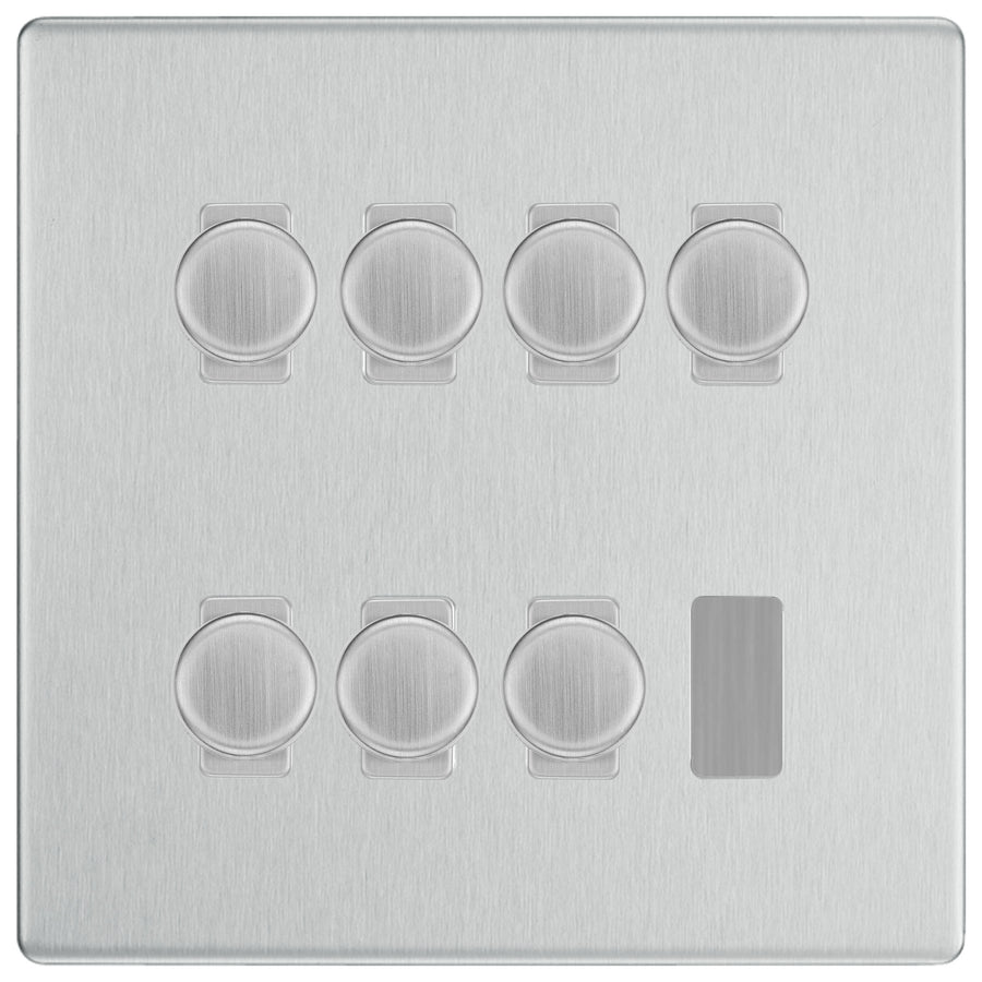 BG Brushed Steel Screwless Flat Plate 7 Gang Trailing Edge LED Dimmer Light Switch 2 Way Custom Switch