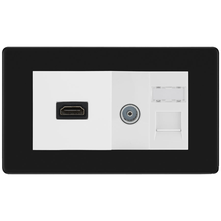 BG Screwless Matt Black Media Wall Plate TV Aerial, HDMI & CAT6 Outlet – White Insert