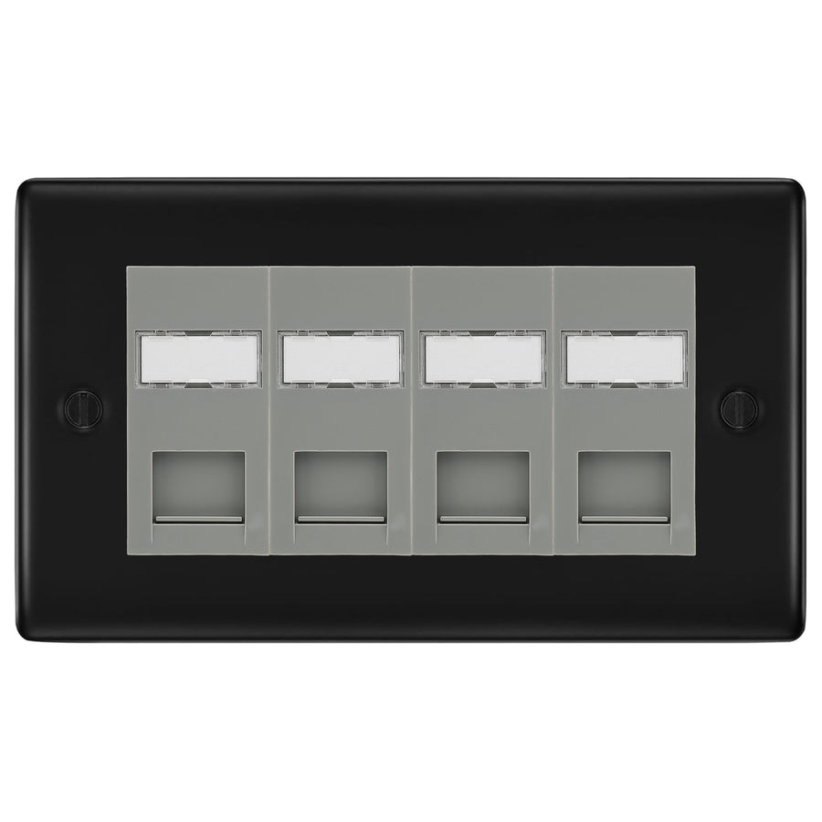 BG Nexus Matt Black 4 Gang RJ45 CAT6 Data Socket Grey Inserts