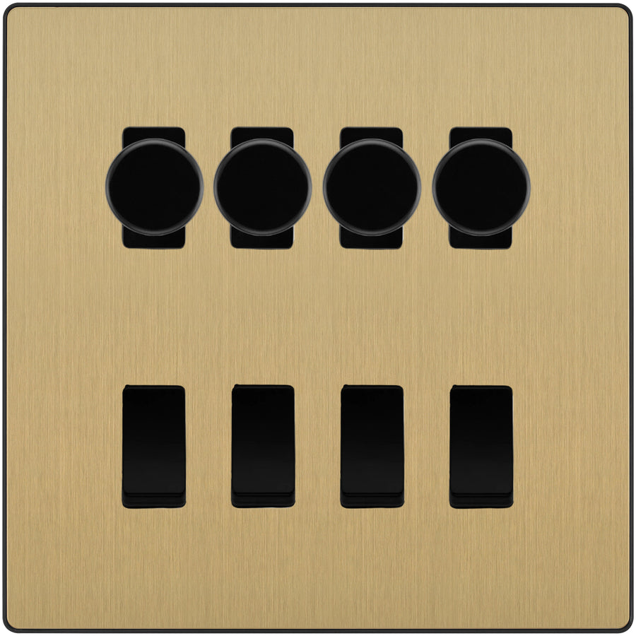 BG Evolve Satin Brass 8 Gang Switch 4x Trailing Edge LED Dimmer 4x Intermediate Custom Grid Switch