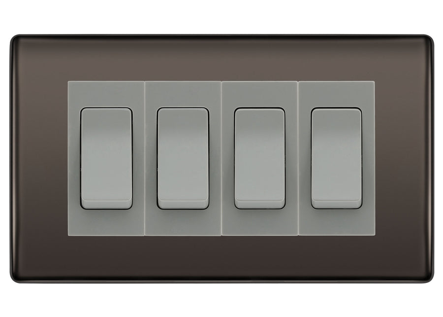 BG Nexus Black Nickel 4 Gang 20AX 2-Way Switch Custom Grid - Grey Insert