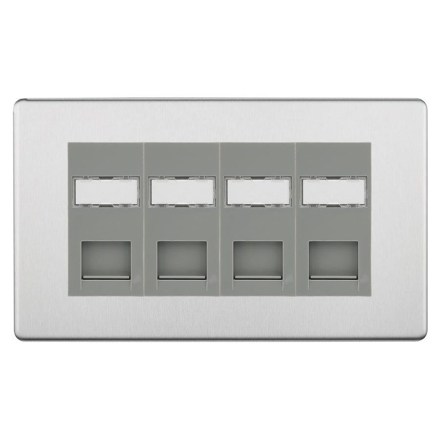 BG Screwless Brushed Steel 4 Gang RJ45 CAT6 Data Socket Grey Inserts