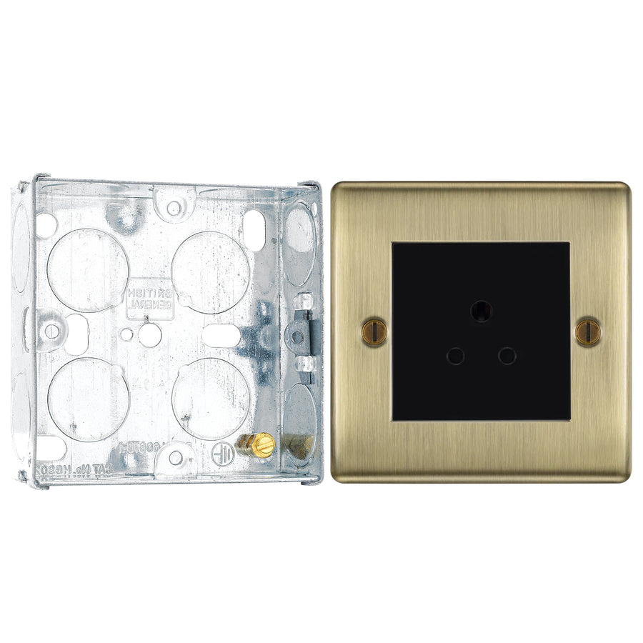 BG Nexus Antique Brass 2A Single Round Pin Unswitched Socket NAB28B with 25mm Steel Back Box