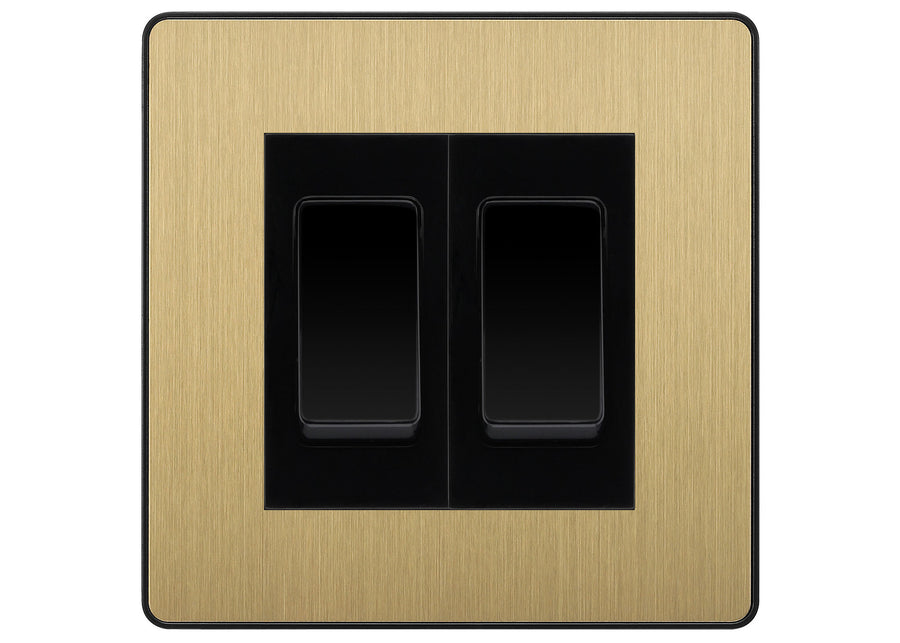 BG Evolve Satin Brass 2 Gang Intermediate Light Switch Custom Grid – Black Insert