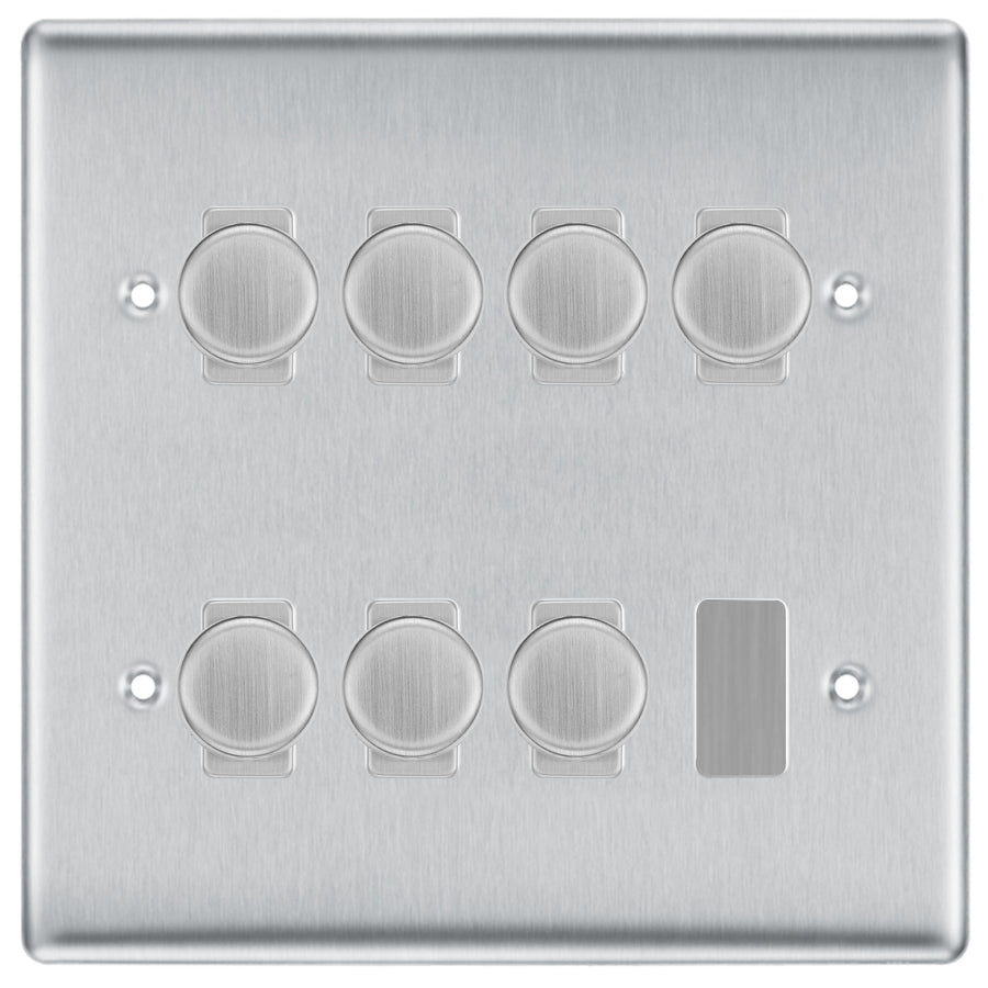 BG Brushed Steel 7 Gang Trailing Edge LED Dimmer Light Switch 2 Way Custom Switch