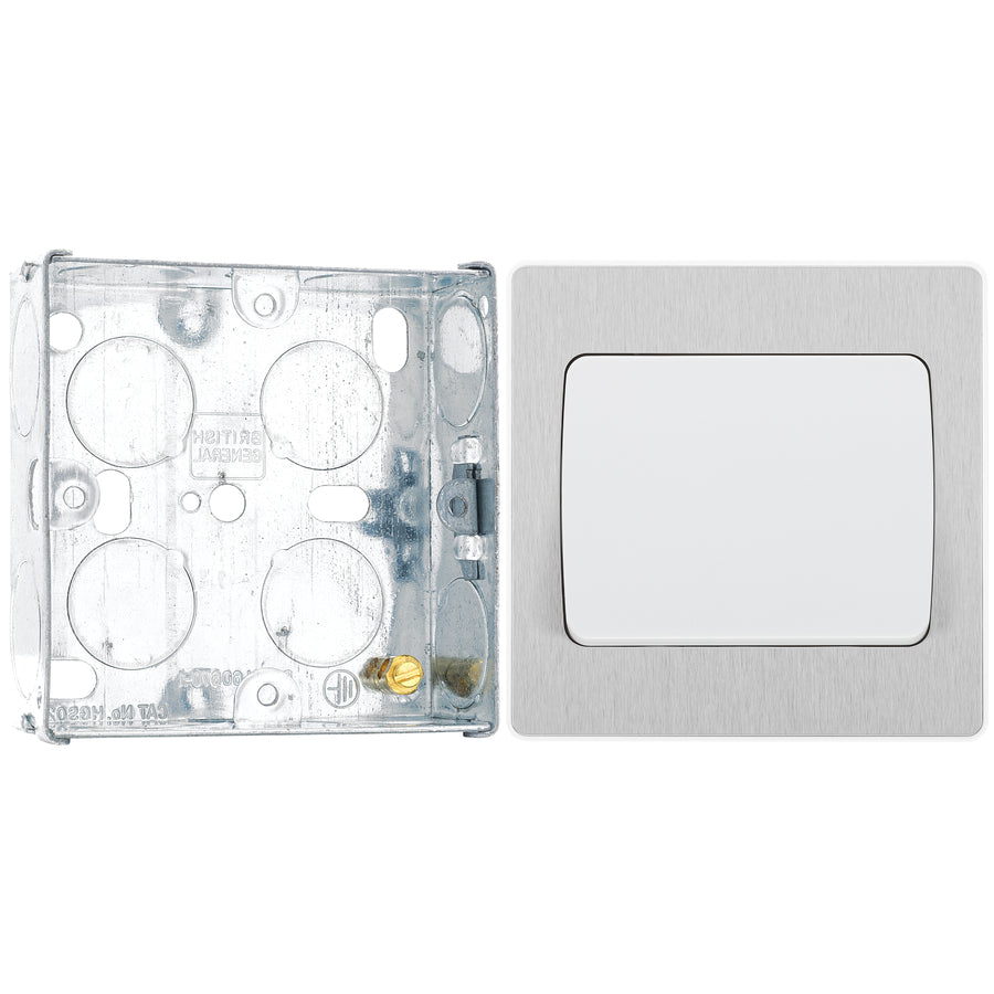 BG Evolve Brushed Steel 1 Gang 20A 16AX 2 Way Wide Rocker Light Switch PCDBS12WW with 25mm Steel Back Box