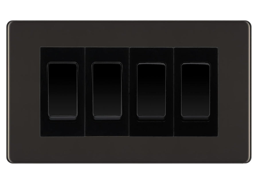 BG Black Nickel Screwless 4 Gang 20AX 2-Way Switch Custom Grid - Black Insert