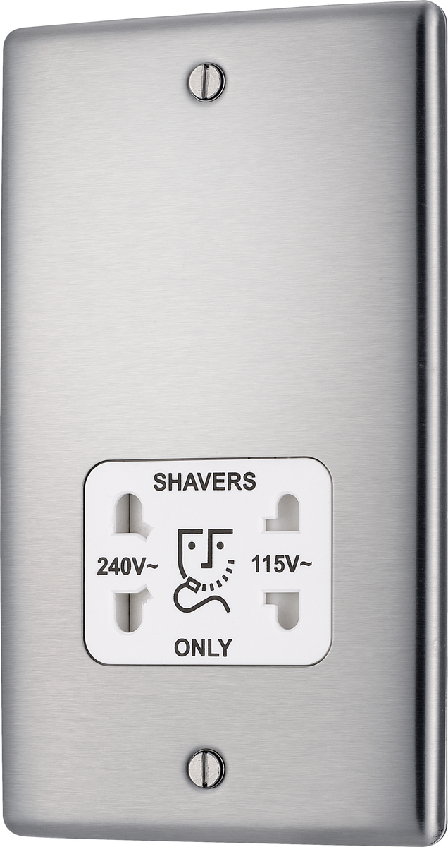 BG NBS20W Metal Brushed Steel 115-230V Dual Voltage Shaver Socket ...