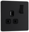 PCDMB21B Front - This Evolve Matt Black 13A single switched socket from British General has been designed with angled in line colour coded terminals and backed out captive screws for ease of installation, and fits a 25mm back box making it an ideal retro-fit replacement for existing sockets.