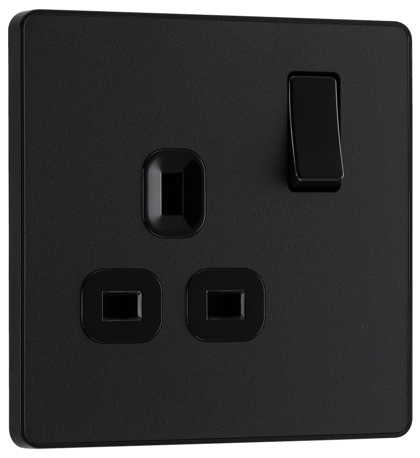 PCDMB21B Front - This Evolve Matt Black 13A single switched socket from British General has been designed with angled in line colour coded terminals and backed out captive screws for ease of installation, and fits a 25mm back box making it an ideal retro-fit replacement for existing sockets.