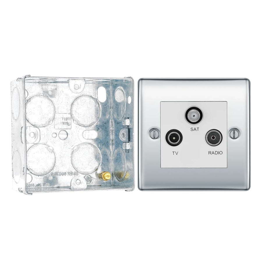 BG Nexus Polished Chrome Triplex TV/FM/Sat Socket NPC67 with 35mm Steel Back Box