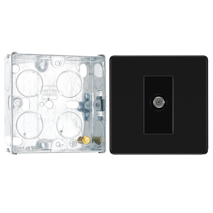 BG Screwless Matt Black Single Satellite Socket FFB64 with 25mm Steel Back Box