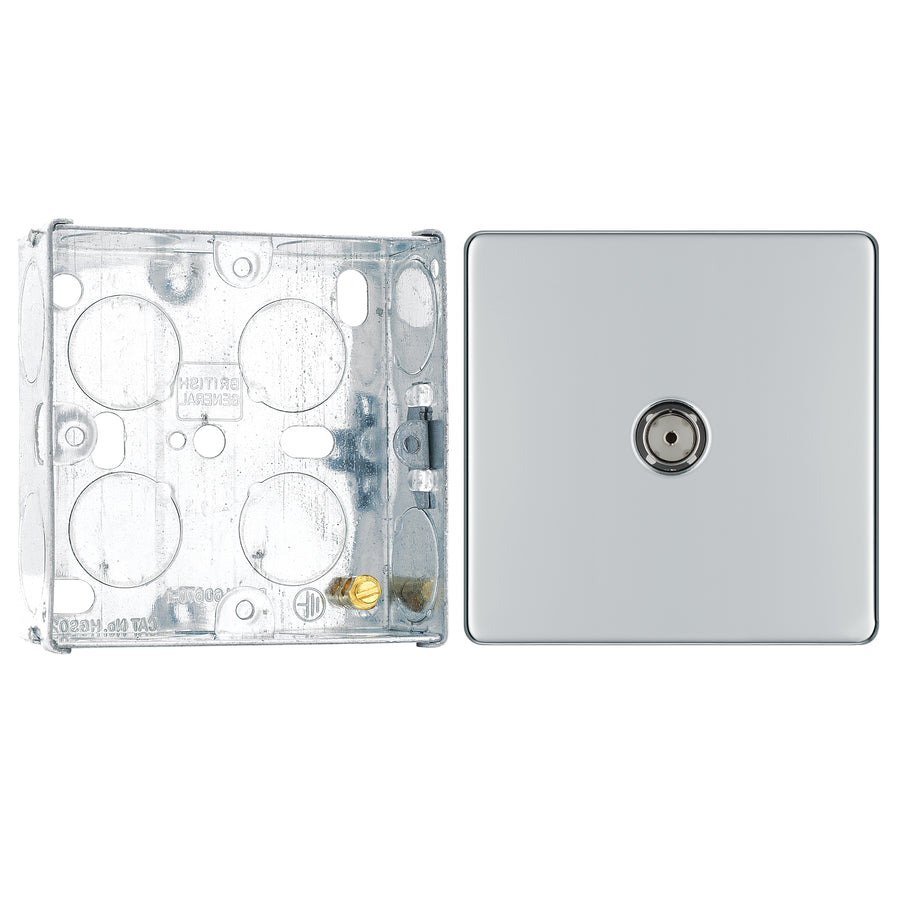 BG Screwless Polished Chrome 1 Gang Coaxial TV Socket FPC60 with 25mm Steel Back Box