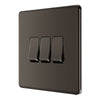 BG Screwless Black Nickel 20A 16AX 2 Way Triple Light Switch FBN43 with 25mm Steel Back Box