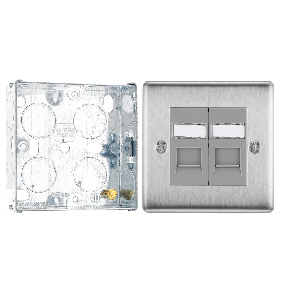 BG Nexus Brushed Steel 2 Gang RJ45 Double Data Outlet NBSRJ452 and 25mm Steel Back Box