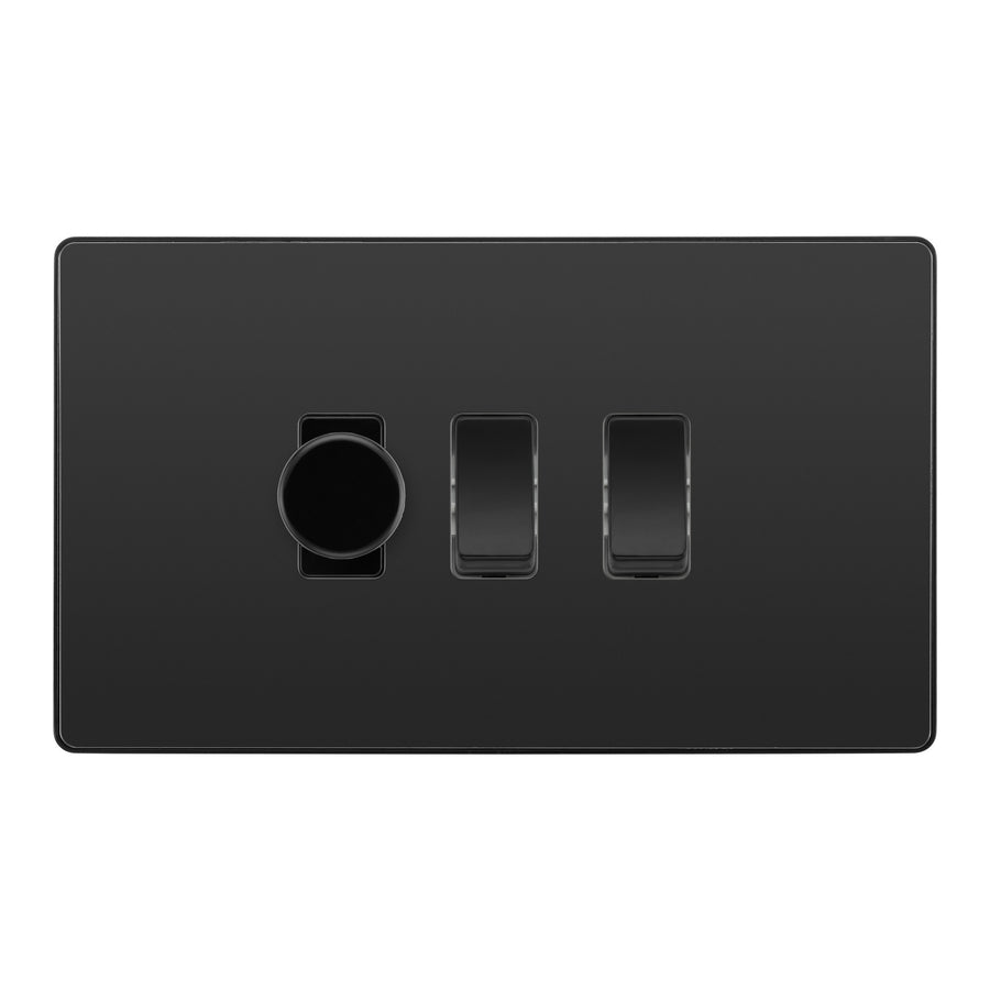 BG Evolve Black Chrome 3 Gang Light Switch 1x Dual Mode LED Dimmer 2x 2 Way Custom Switch