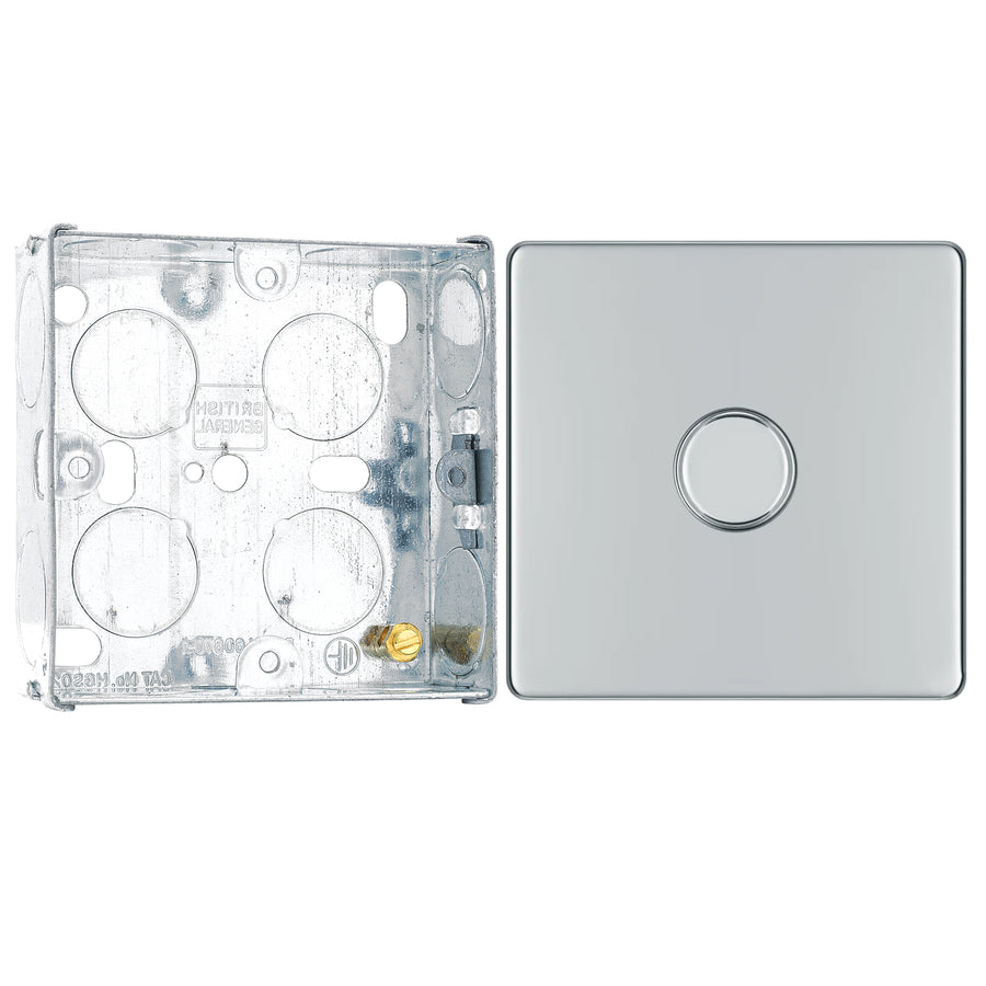 BG Screwless Polished Chrome 200W 2 Way Single Trailing Edge Dimmer Switch FPC81 with 25mm Steel Back Box