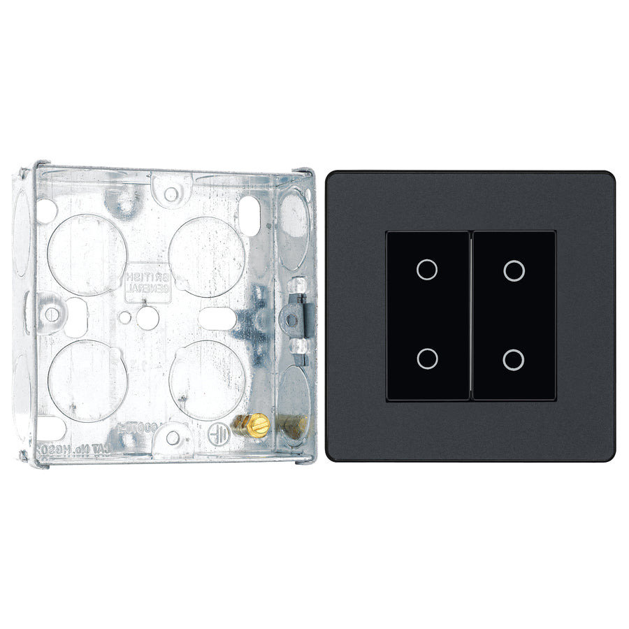 BG Evolve Matt Grey 2 Gang 200W Trailing Edge Master Touch Dimmer PCDMGTDM2B with 25mm Steel Back Box