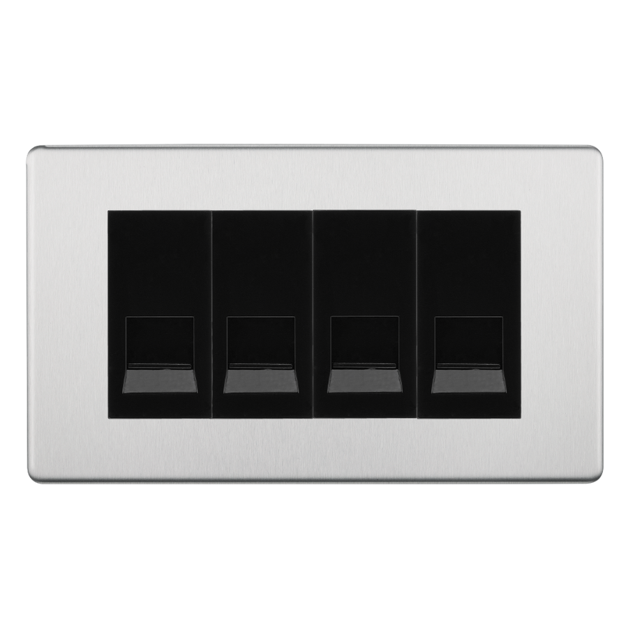 BG Screwless Brushed Steel 4 Gang Master Telephone Socket - Black Insert