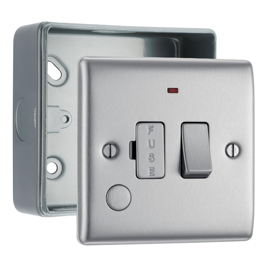BG Nexus Brushed Steel Switched 13A Flex Outlet Neon Switched Fused Connection Unit & Surface Pattress Back Box