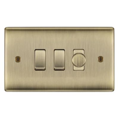 BG Nexus Antique Brass 3 Gang Light Switch Grid – 1x Trailing-Edge LED Dimmer, 1x Intermediate, 1x 2-Way Switch