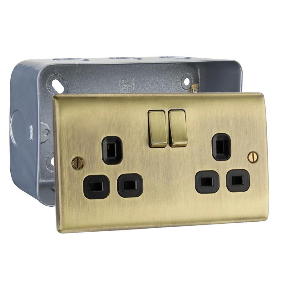 Antique Brass 13A Switched Double Socket & Surface Pattress Back Box