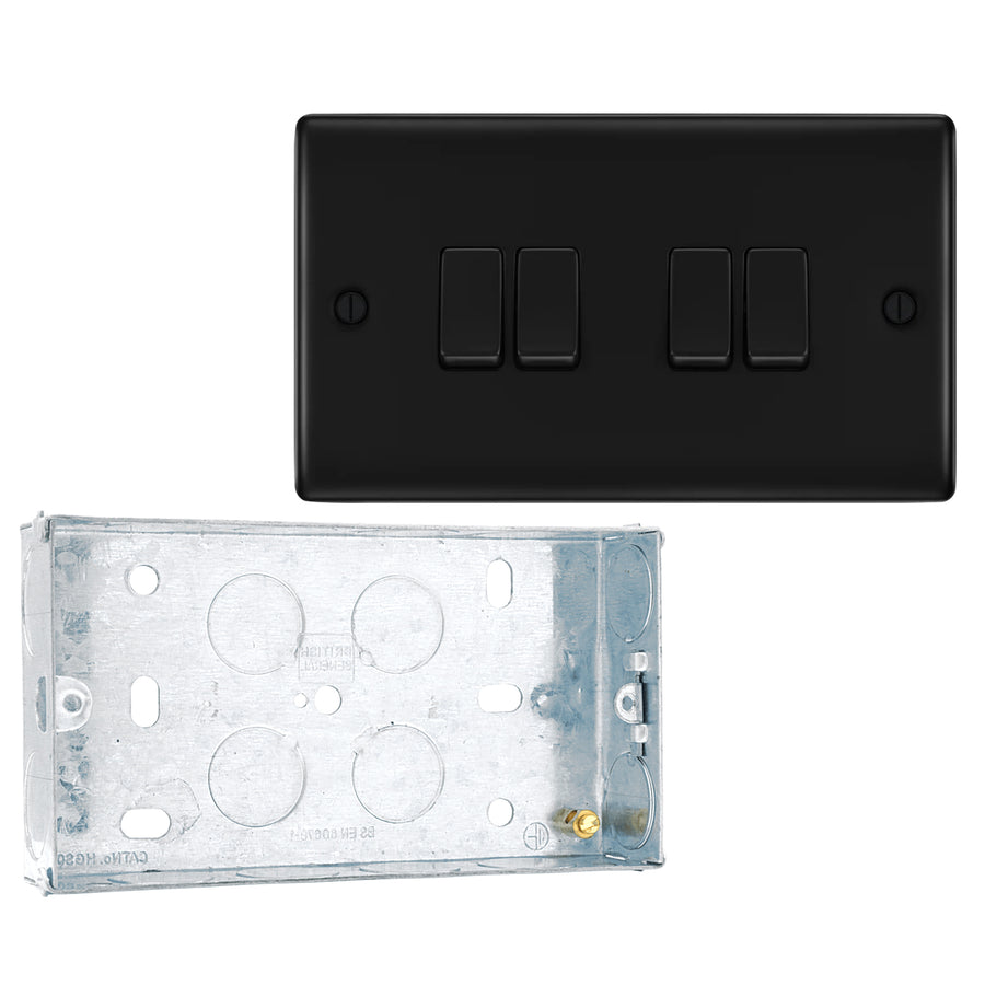 BG Nexus Matt Black 20A 16AX 2 Way Quadruple Light Switch NFB44 with 25mm Steel Back Box