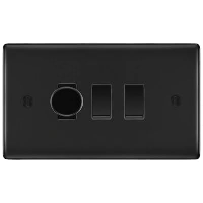BG Nexus Matt Black 3 Gang Light Switch Grid – 1x Trailing-Edge LED Dimmer, 1x Intermediate, 1x 2-Way Switch