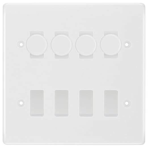 BG White Moulded 8 Gang Switch 4x Trailing Edge LED Dimmer, 2x Intermediate, 2x 2-Way Switch